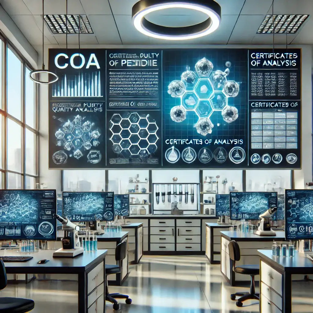 Modern laboratory showcasing screens and charts on how to choose high-purity peptides for research purposes