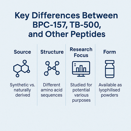 Infographic showing differences between BPC-157 and TB-500 including source, structure, research focus, and form