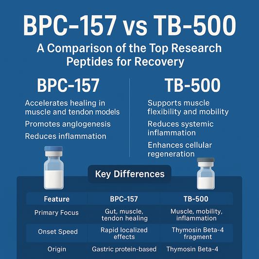 Comparison infographic of BPC-157 vs TB-500 peptides for recovery, showing benefits, key differences, and use cases in muscle healing and inflammation research.