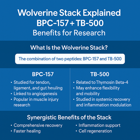 Infographic explaining the Wolverine Stack, featuring BPC-157 and TB-500 peptides, their individual research benefits, and synergistic effects in recovery studies.