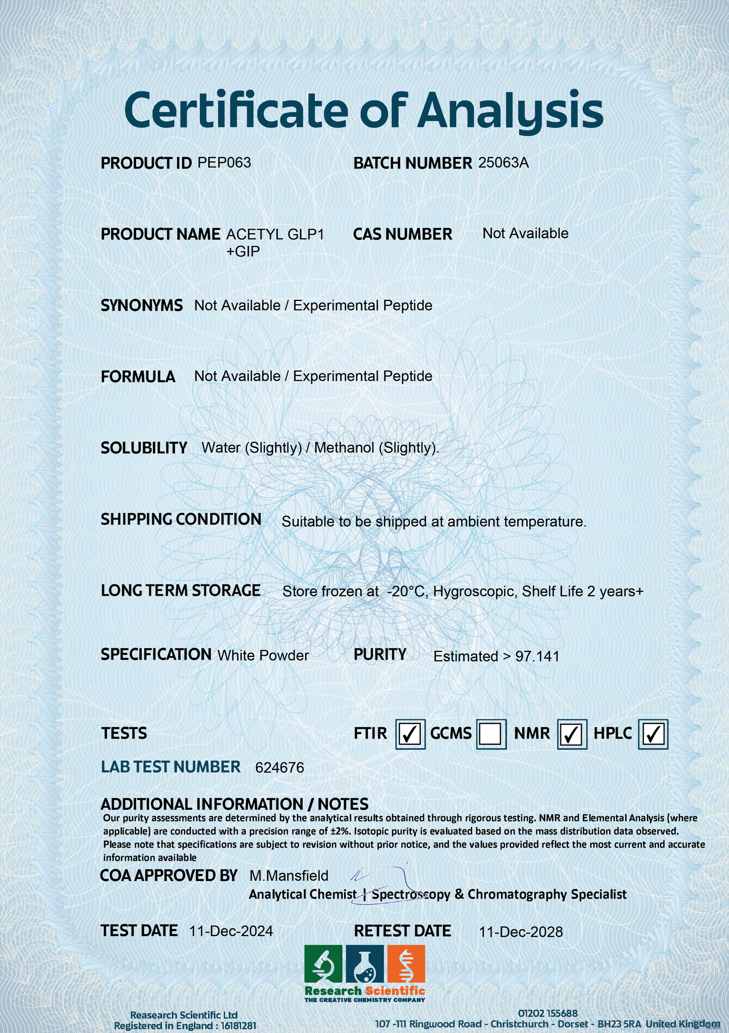 Certificate of Analysis for Acetyl GLP-1 GIP peptide with testing details and storage information