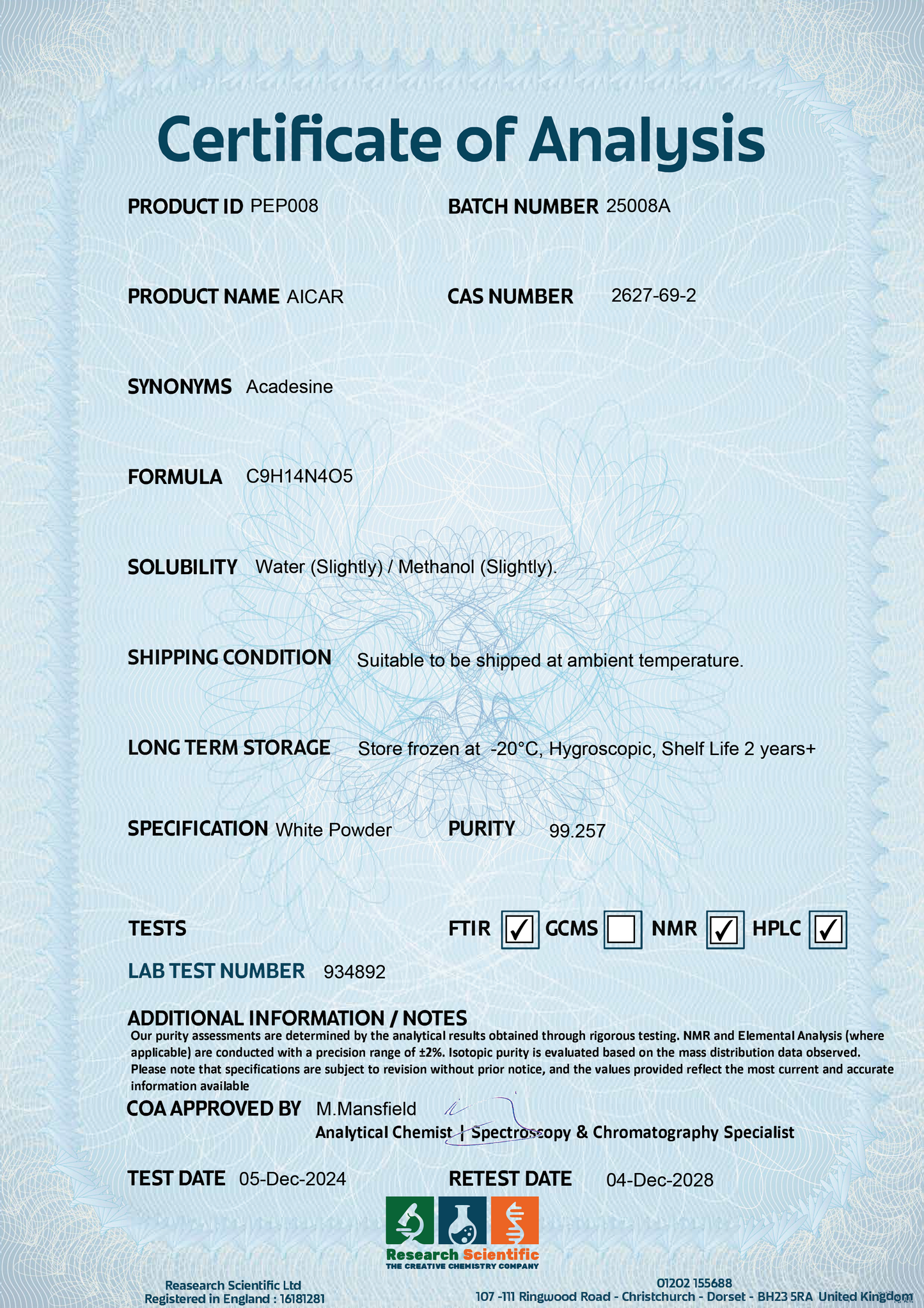 Certificate of Analysis for AICAR from PeptideStore with product details and specifications to buy AICAR online
