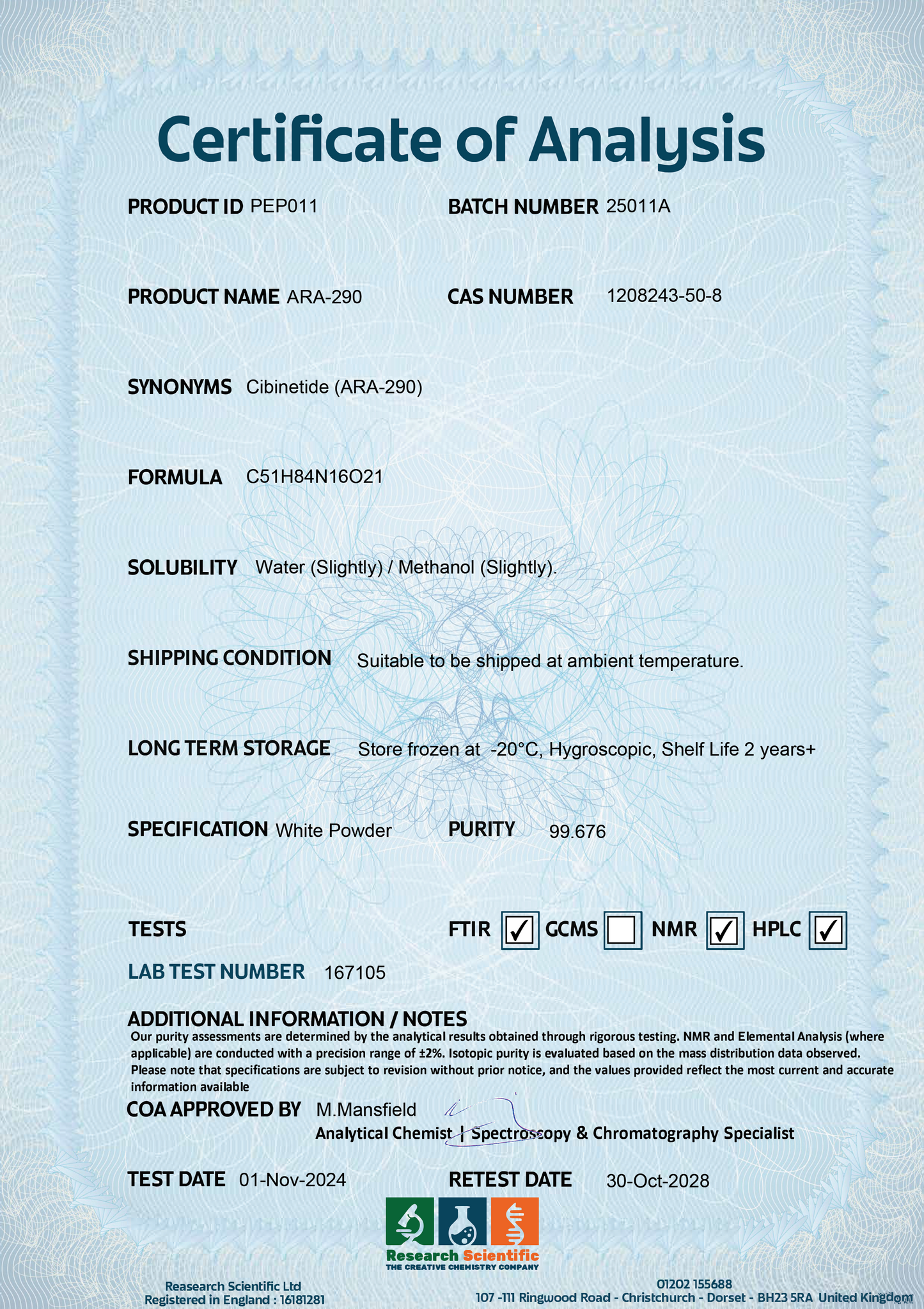 Certificate of Analysis for Ara-290 peptide research detailing product information and testing results