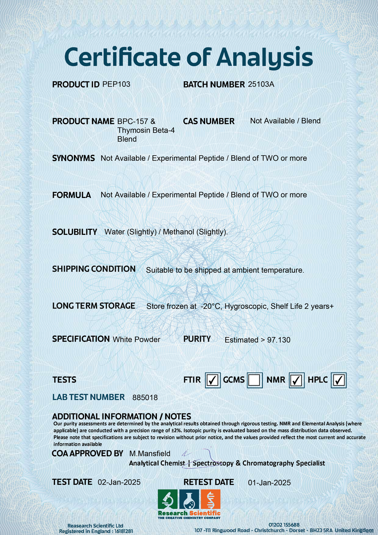 Certificate of Analysis for BPC-157 Thymosin Beta-4 blend detailing product information and specifications