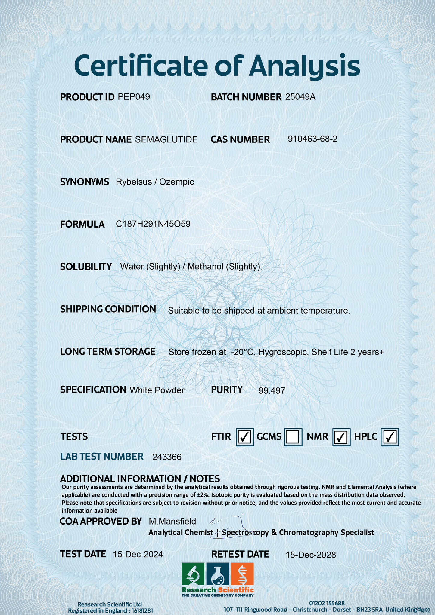 Certificate of Analysis for 5X Semaglutide UK by Research Scientific with purity details