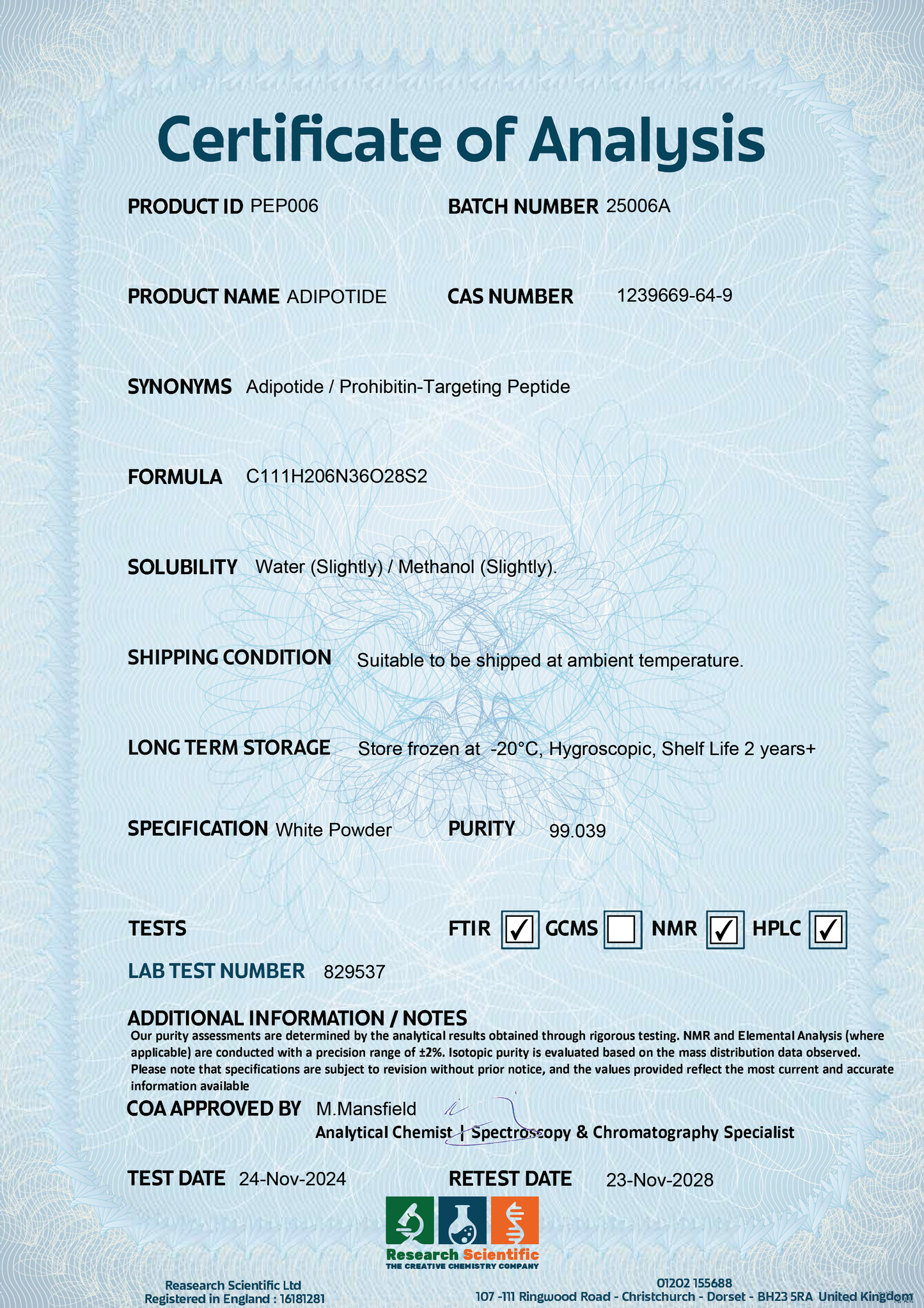 Certificate of Analysis for Adipotide with details for buyers to Buy Adipotide UK.