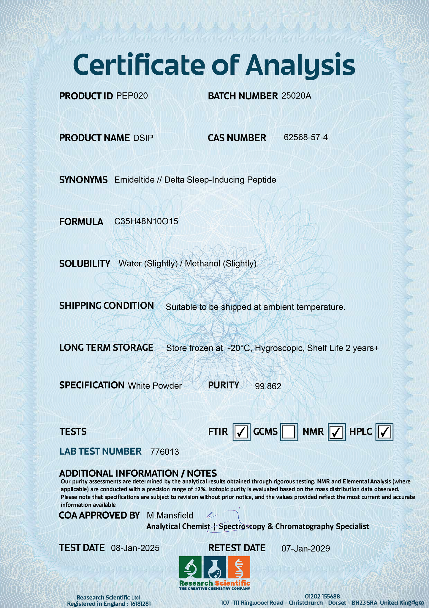 Certificate of Analysis for DSIP peptide from Research Scientific confirming quality to buy DSIP peptide UK