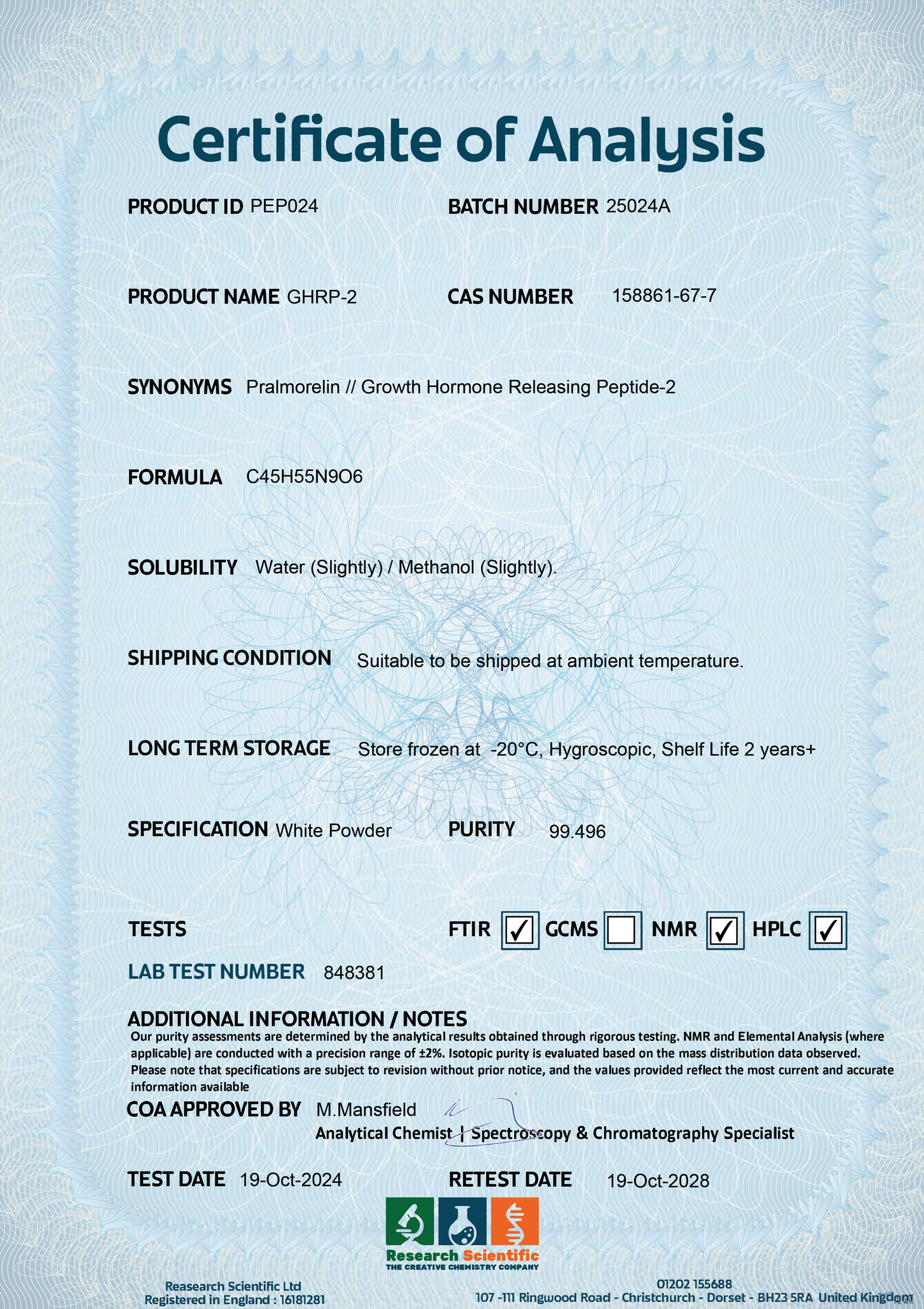 Certificate of Analysis for GHRP-2 from Research Scientific, essential for those who want to buy GHRP-2 UK
