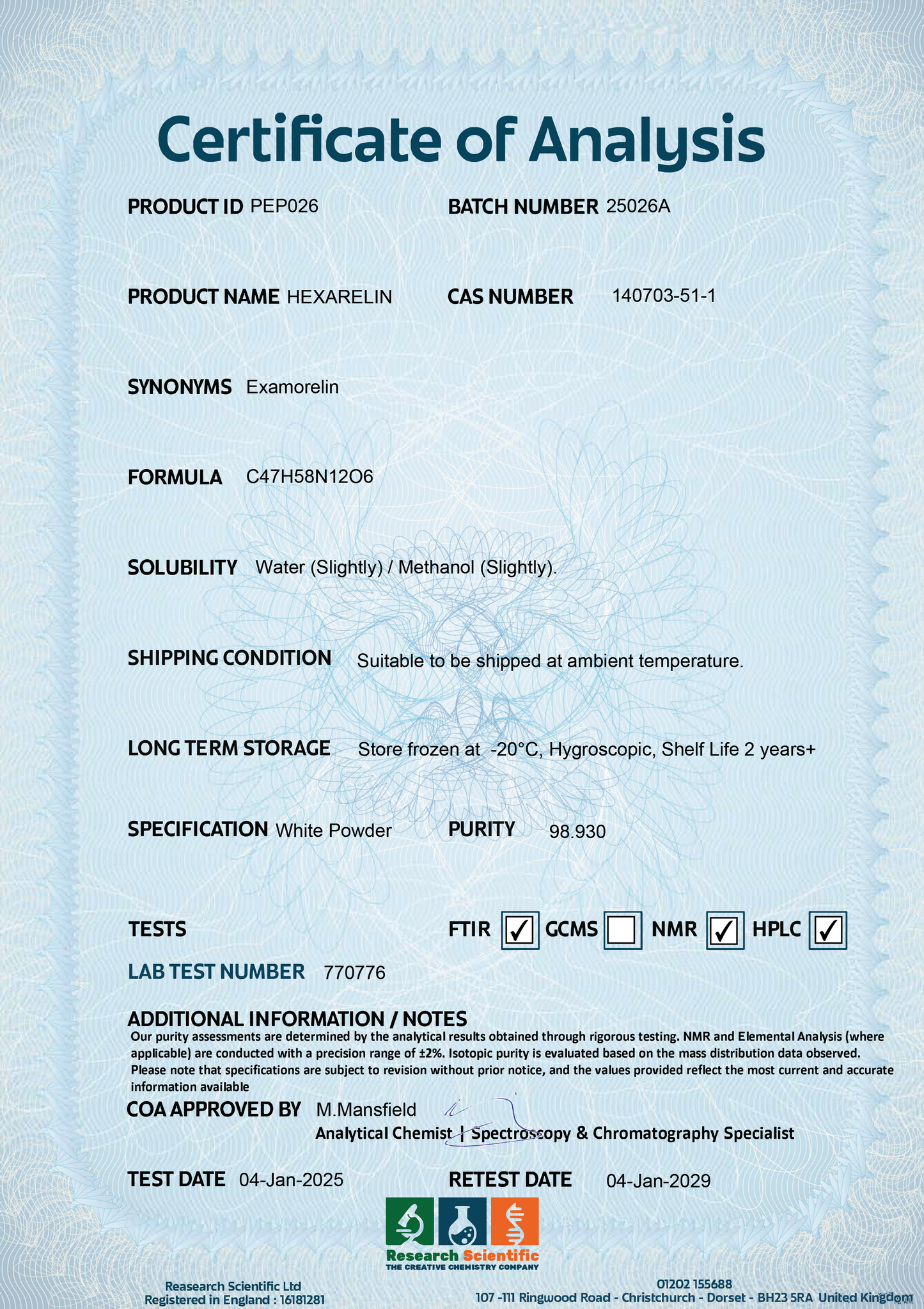 Certificate of Analysis for Hexarelin peptide from Research Scientific showing product details and testing results