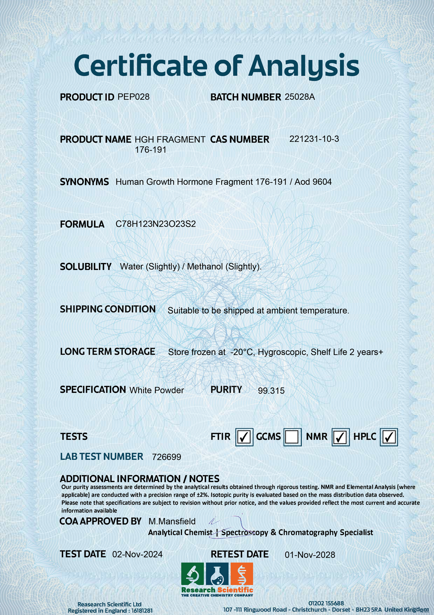 Certificate of Analysis for Research Scientific HGH Fragment, key for those looking to buy HGH Fragment UK