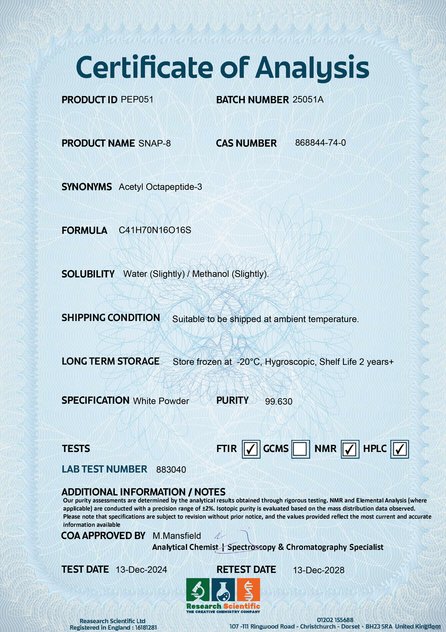 Certificate of Analysis for Snap-8 peptide UK from Research Scientific detailing product specifications and test results