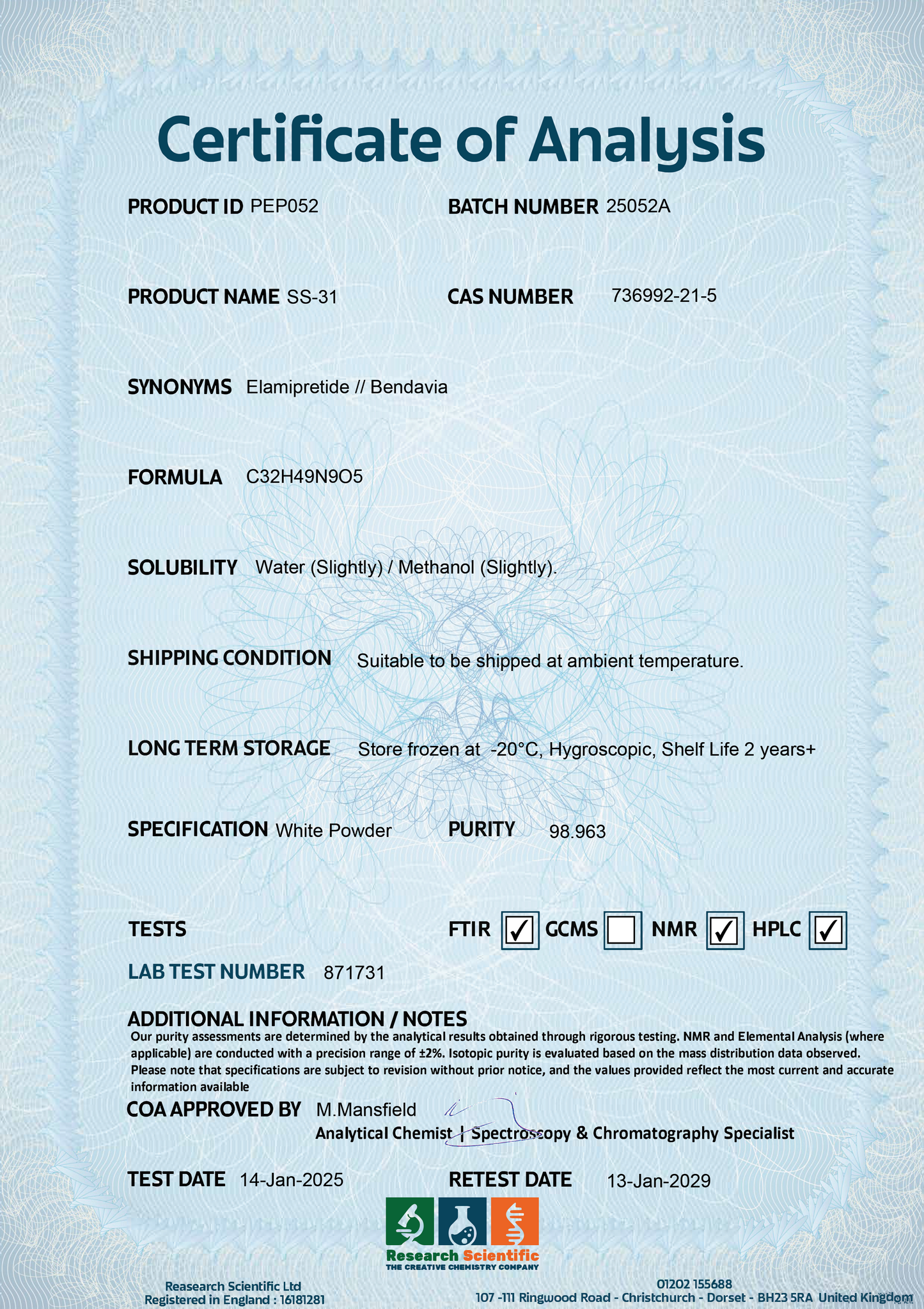 Certificate of Analysis for SS-31 research peptides with product specifications and storage information