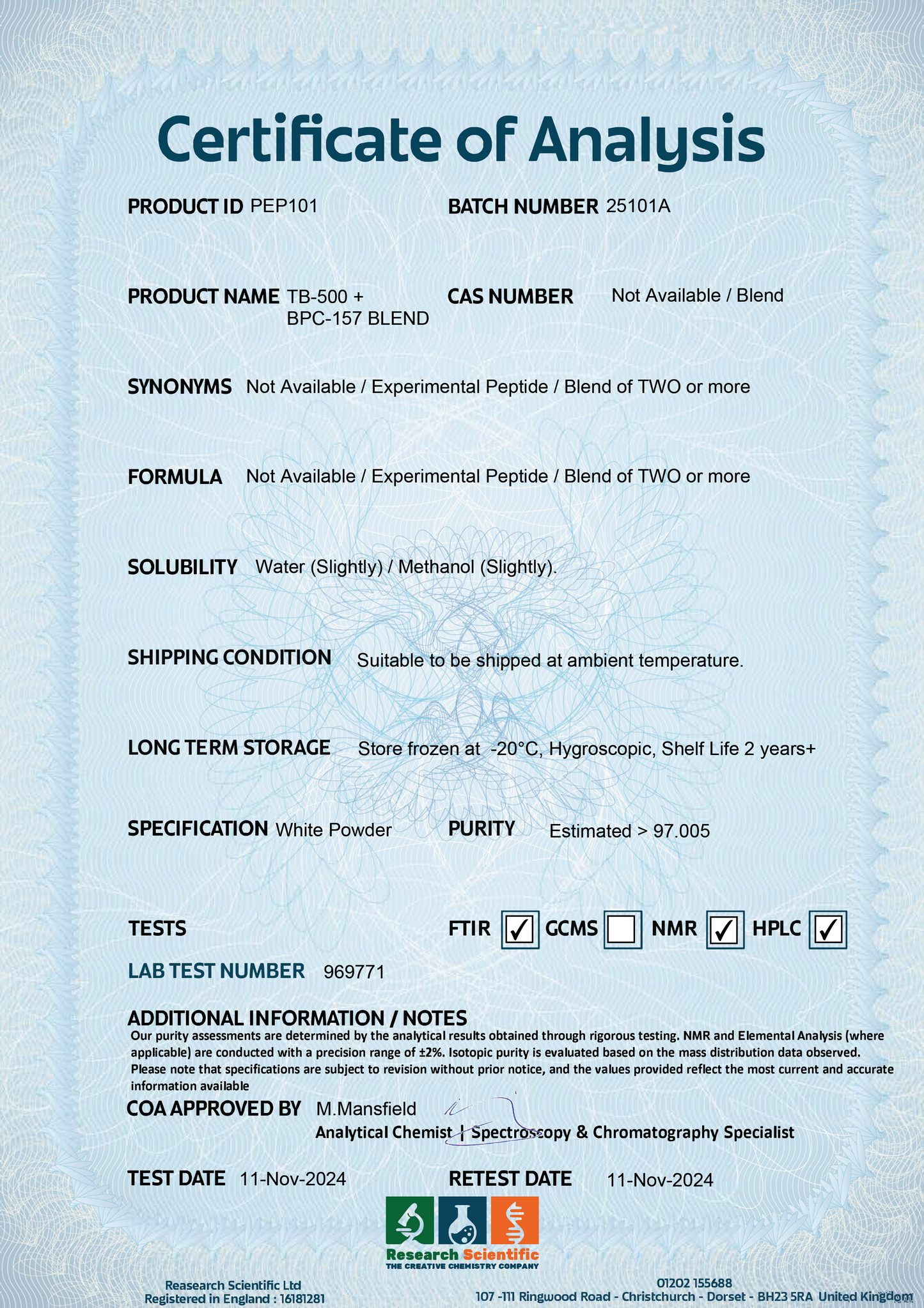 Certificate of Analysis for buy TB500 BPC-157 peptides showing product details and test results