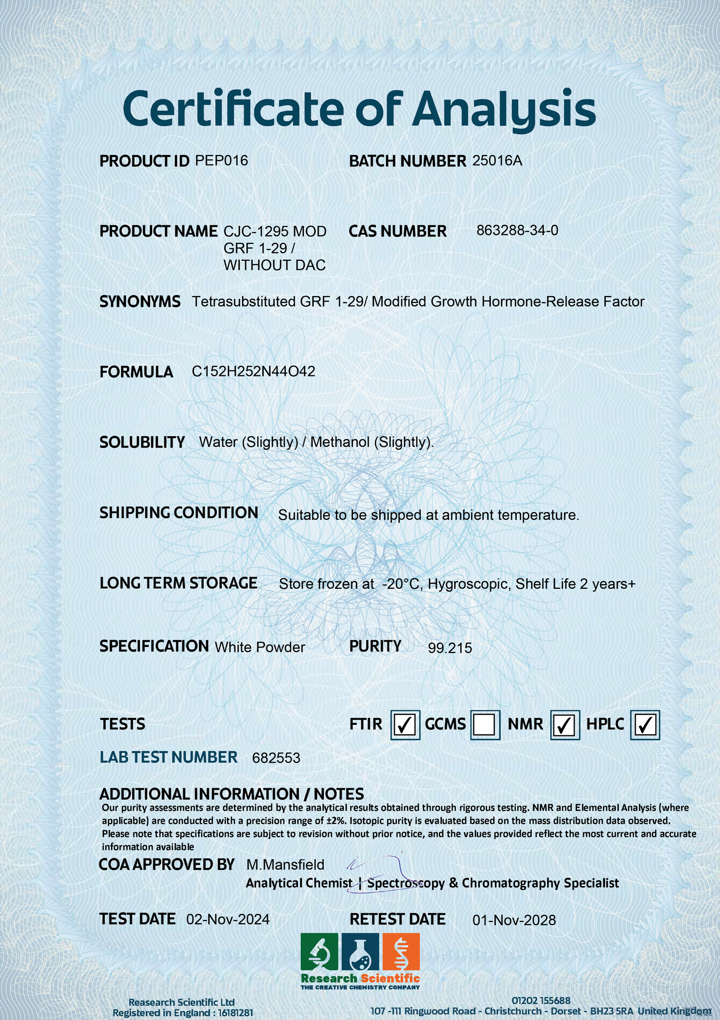 Certificate of Analysis for CJC-1295 peptide UK with details on product ID and testing methods