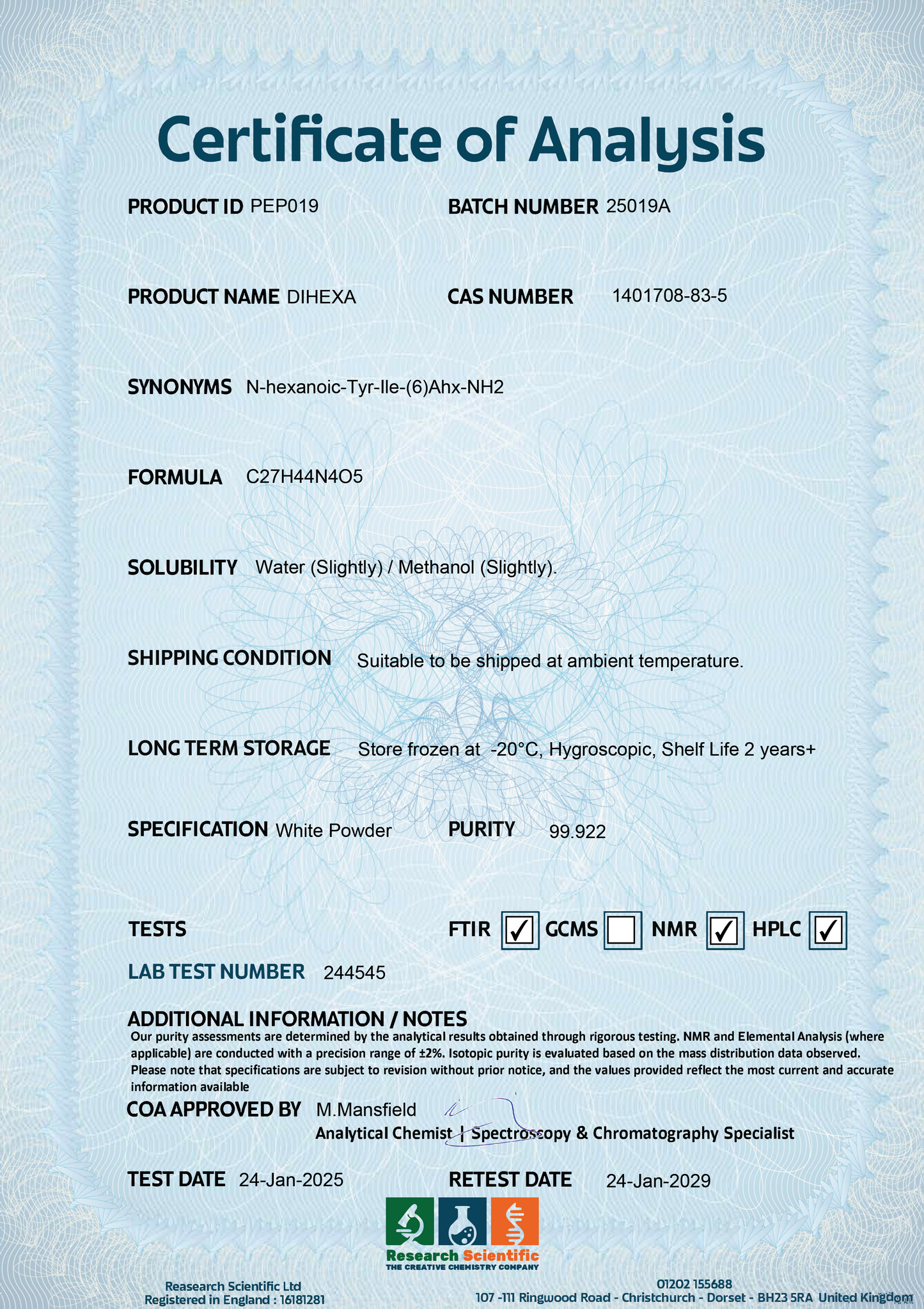 Certificate of Analysis for Research Scientific product PE019, detailing specifications, tests and storage information