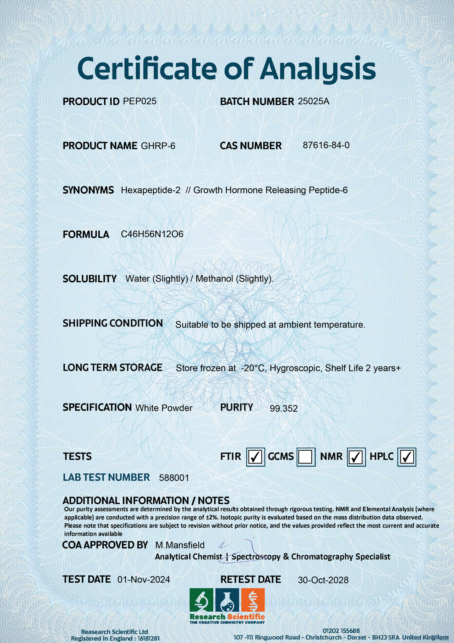 Certificate of Analysis for GHRP-6 peptide UK detailing product information and testing results