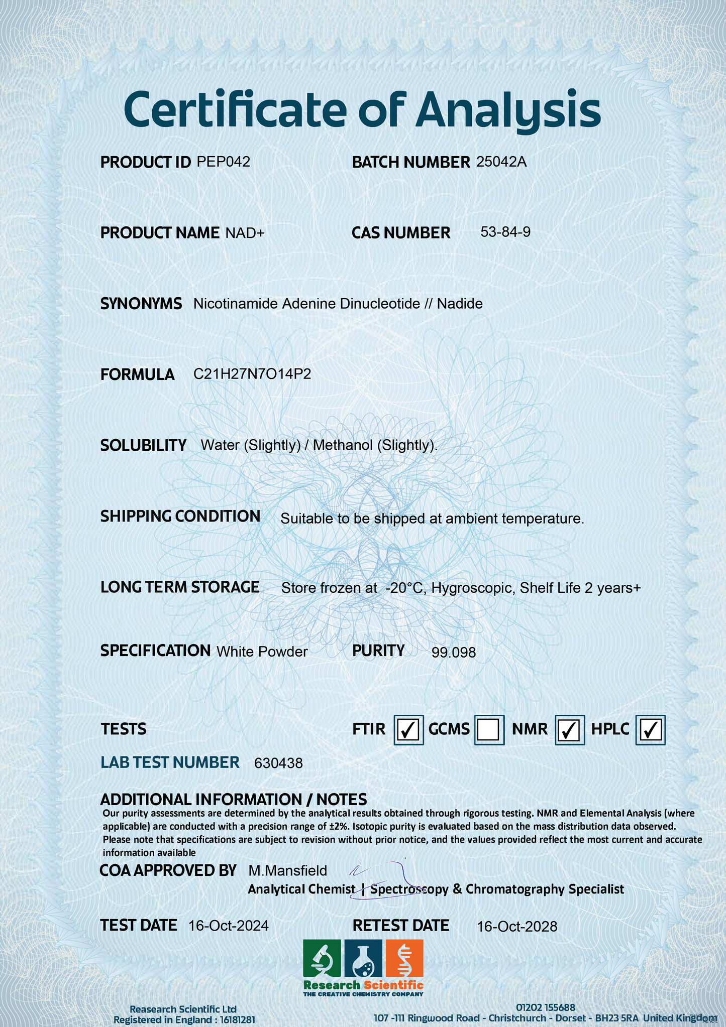 Certificate of Analysis for NAD+ supplement UK showing purity, specifications, and test details