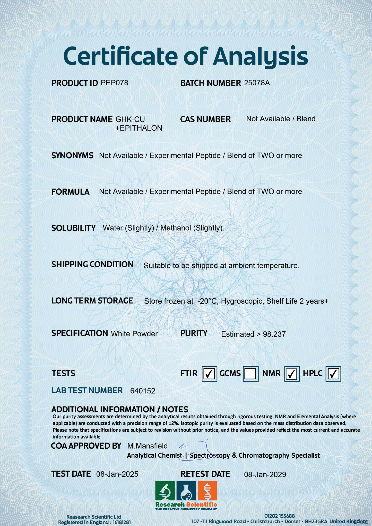Certificate of Analysis for Bronchogen showing product details, testing methods, and storage instructions. Buy Bronchogen online.