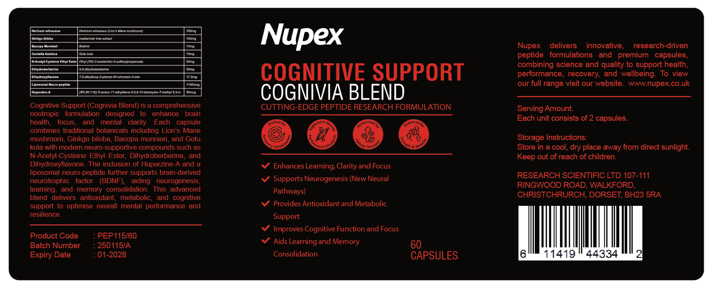 Nupex Cognitive Support Peptide Capsules in a 60-count bottle for enhanced mental clarity and focus