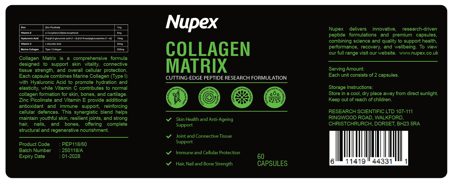 Nupex Collagen Matrix Peptide Capsules for Skin, Joint, and Bone Support with 60 Capsules