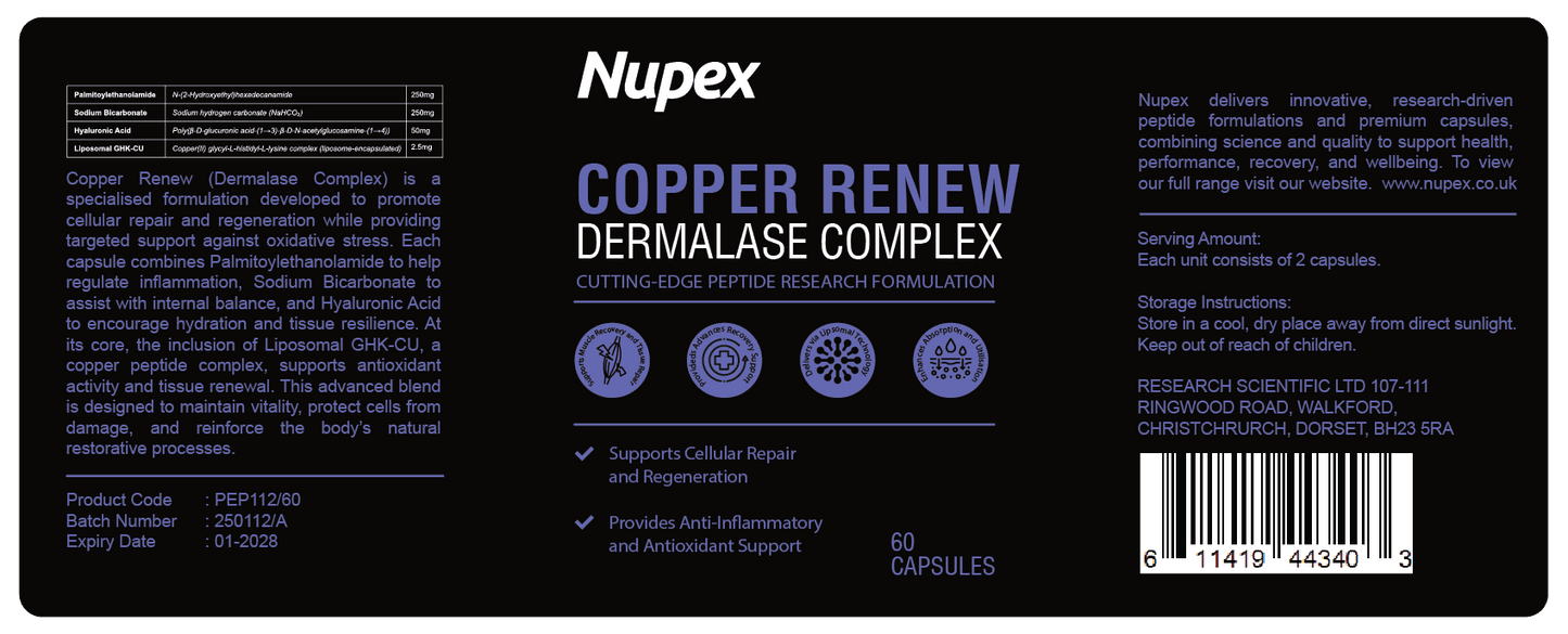Nupex Copper Peptide Capsules Research for dermal repair and regeneration in a 60-capsule bottle