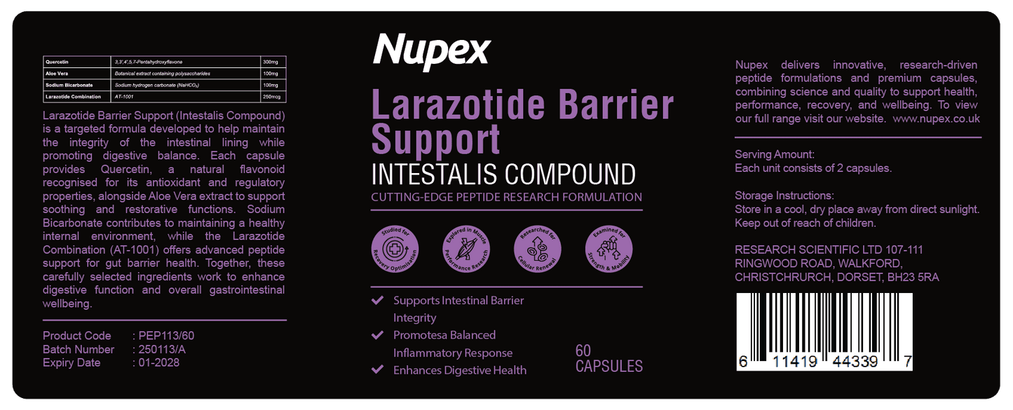 Nupex Larazotide peptide capsules UK for intestinal barrier support and digestive health