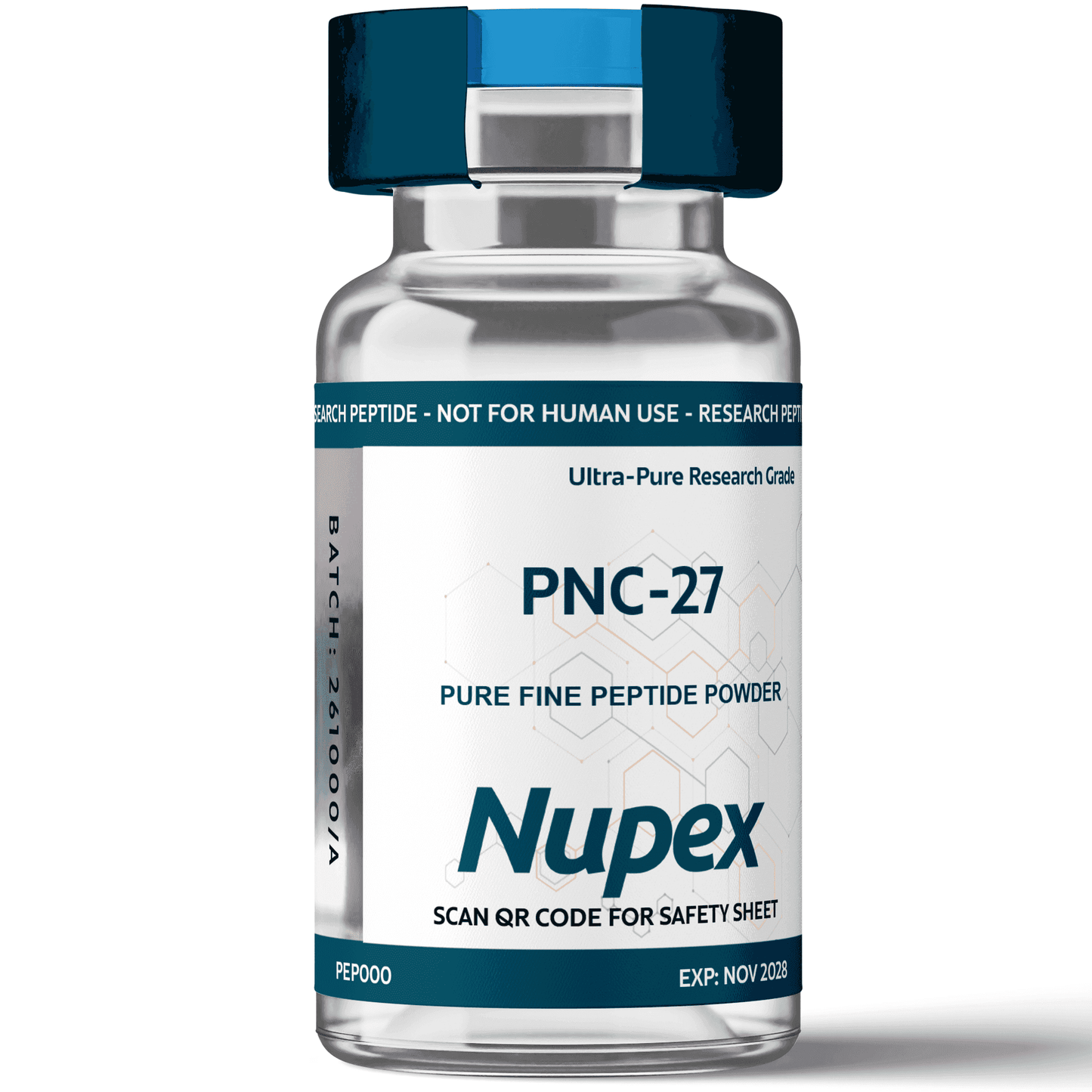 Nupex PNC-27 research peptide in a clear vial labeled for research use only