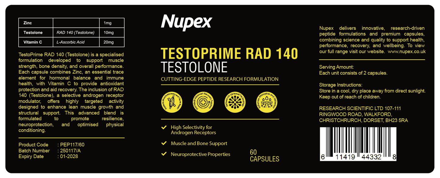 Nupex RAD 140 peptide capsules UK with Zinc and Vitamin C for enhanced physical performance