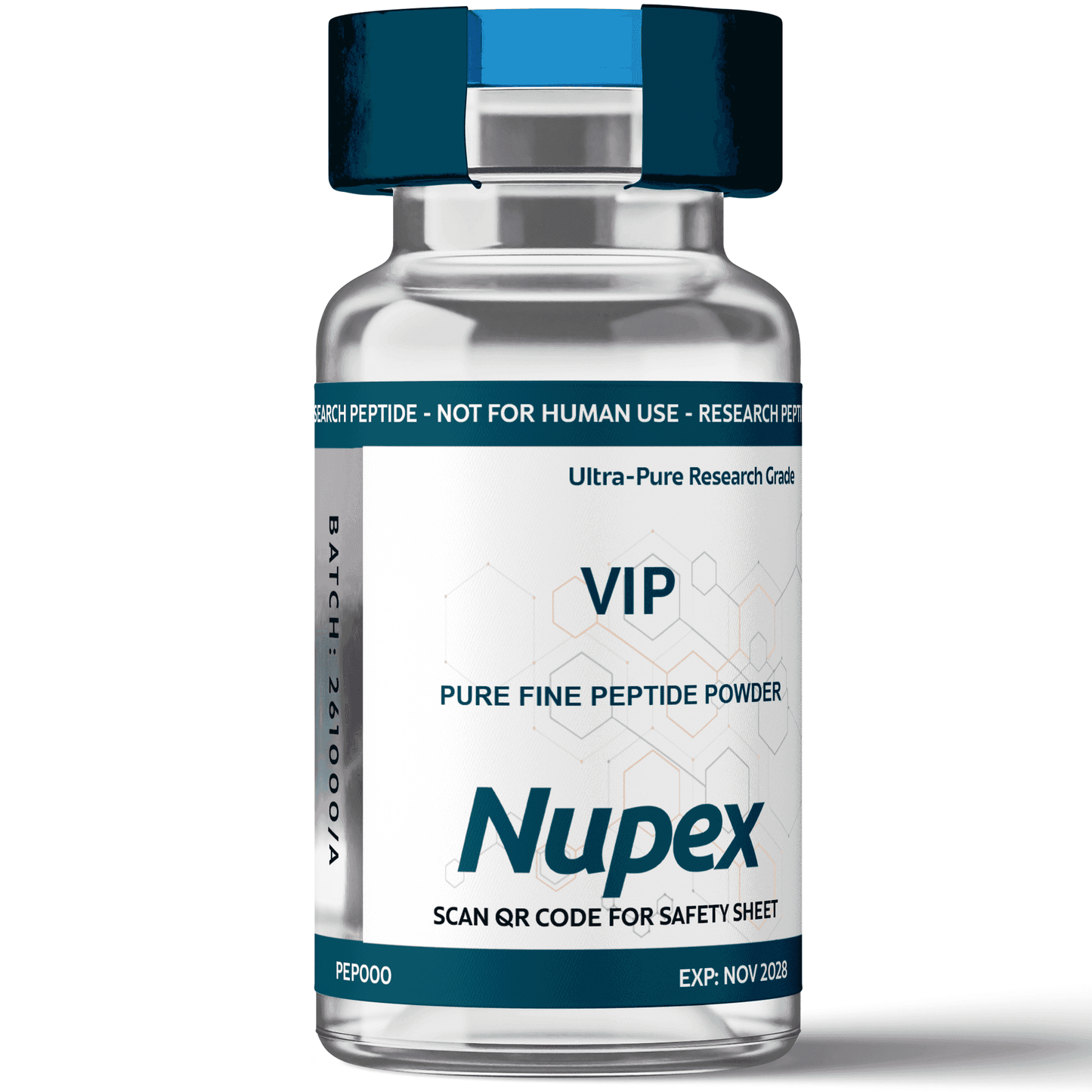 Nupex VIP Research Peptide in a vial labeled Pure Fine Peptide Powder for research use