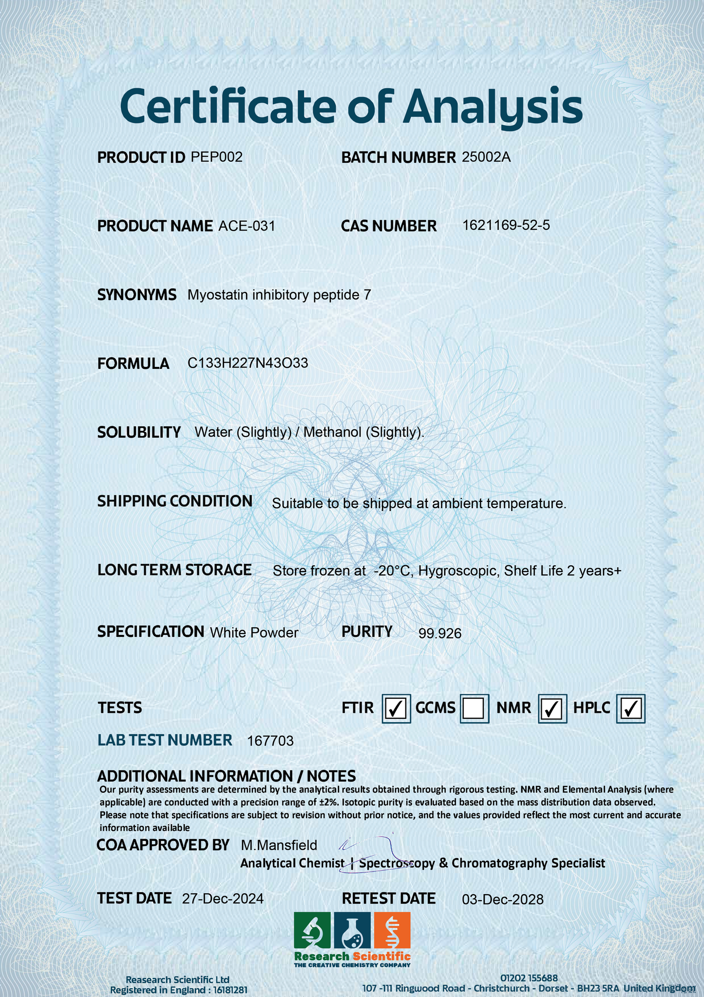 Certificate of Analysis for PEPTIDESTORE Myostatin Inhibitory Peptide 7 with batch details and purity information