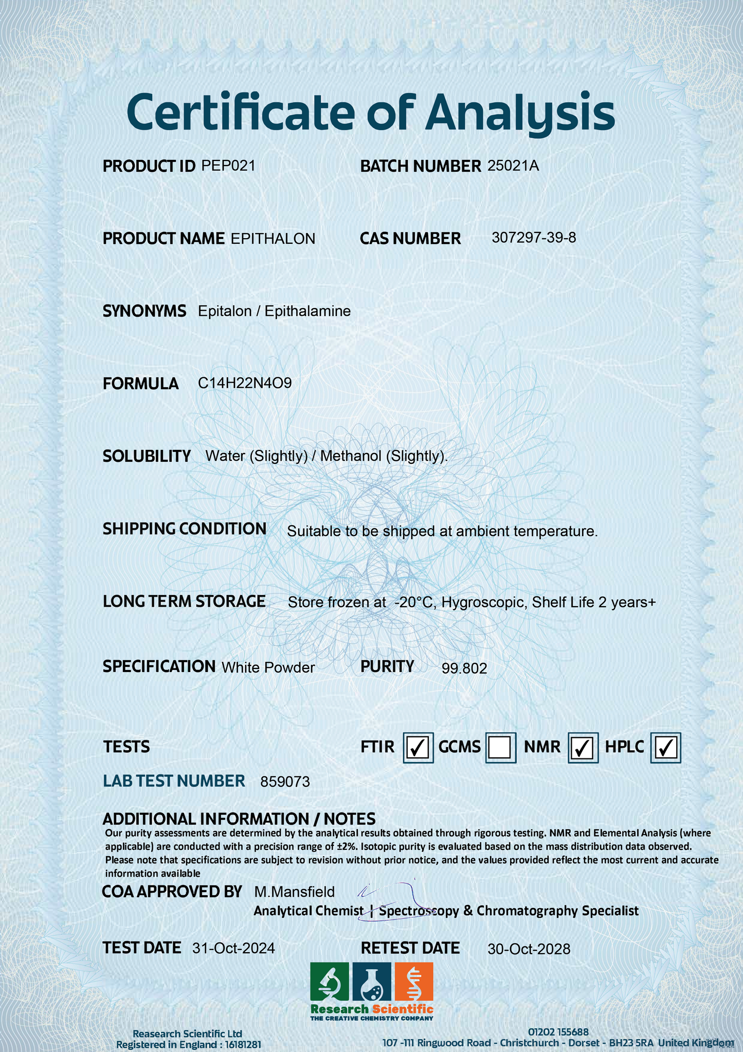 Certificate of Analysis for Epithalon peptide UK with product details and testing information
