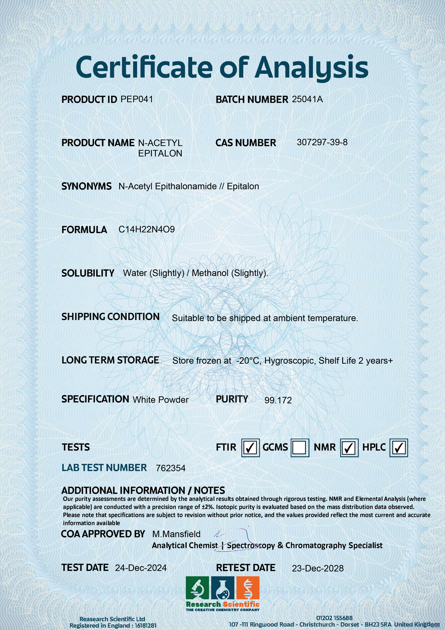 Certificate of Analysis for N-Acetyl Epitalon showing purity and storage instructions. Buy N-Acetyl Epitalon online.