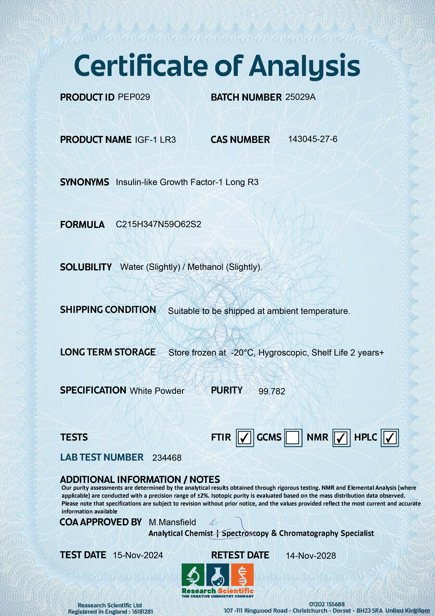 Certificate of Analysis for IGF-1 LR3 peptide UK with batch details and testing information
