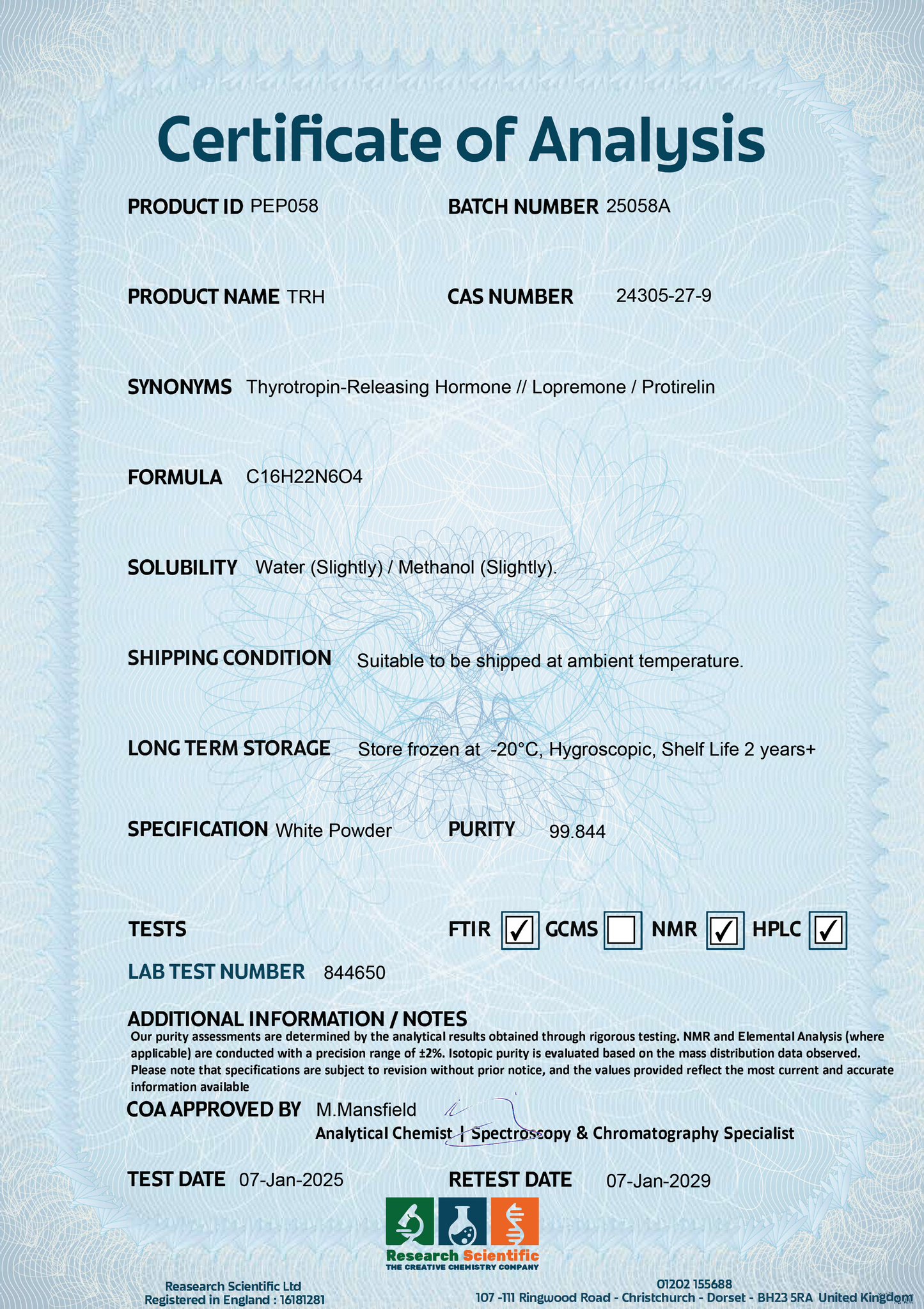 Certificate of Analysis for TRH peptides with details on purity and storage. Buy TRH peptides online UK.