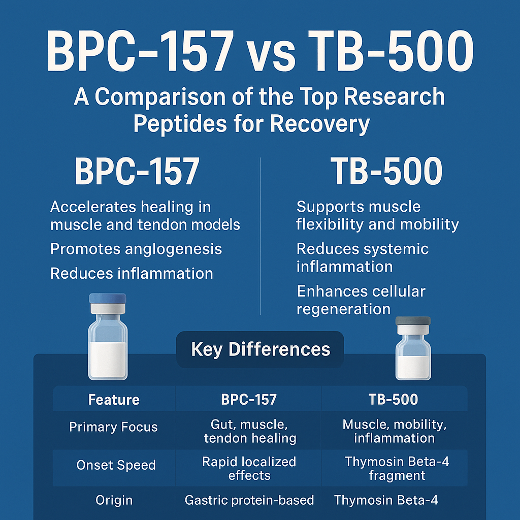 Comparison infographic of BPC-157 vs TB-500 peptides for recovery, showing benefits, key differences, and use cases in muscle healing and inflammation research.