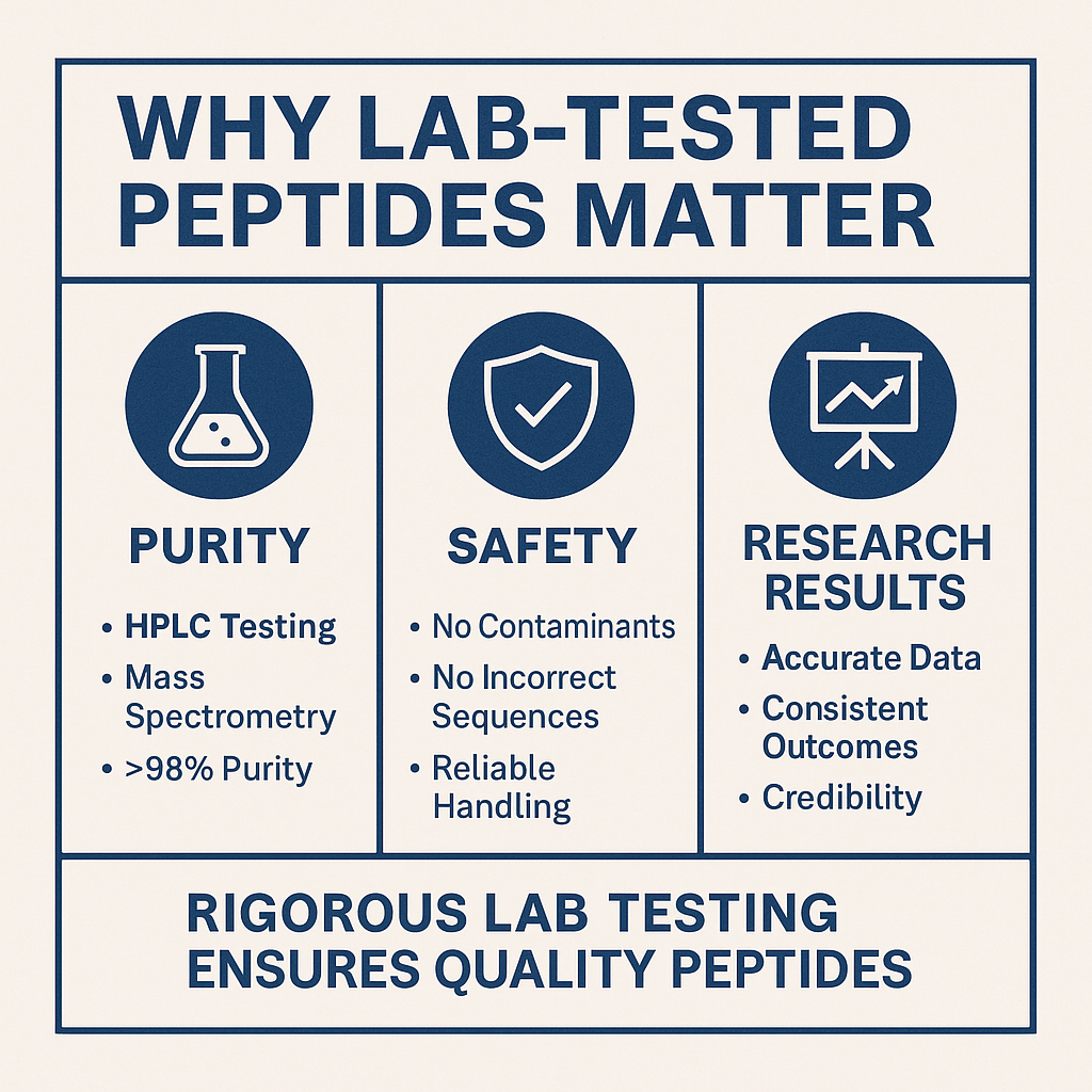 Infographic titled “Why Lab-Tested Peptides Matter” highlighting the importance of purity, safety, and research results, with icons representing HPLC testing, contamination-free handling, and data accuracy.