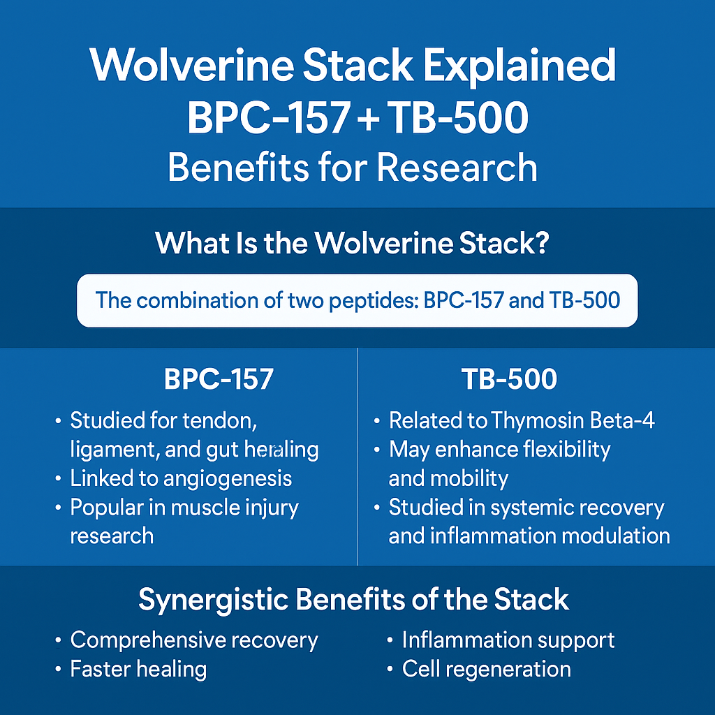 Infographic explaining the Wolverine Stack, featuring BPC-157 and TB-500 peptides, their individual research benefits, and synergistic effects in recovery studies.