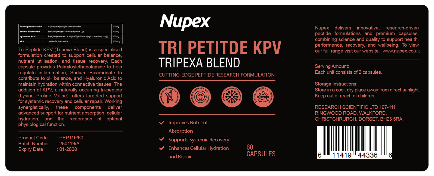 Tri-Peptide KPV (Tripexa Blend)	 Peptide Capsules Research Use Only