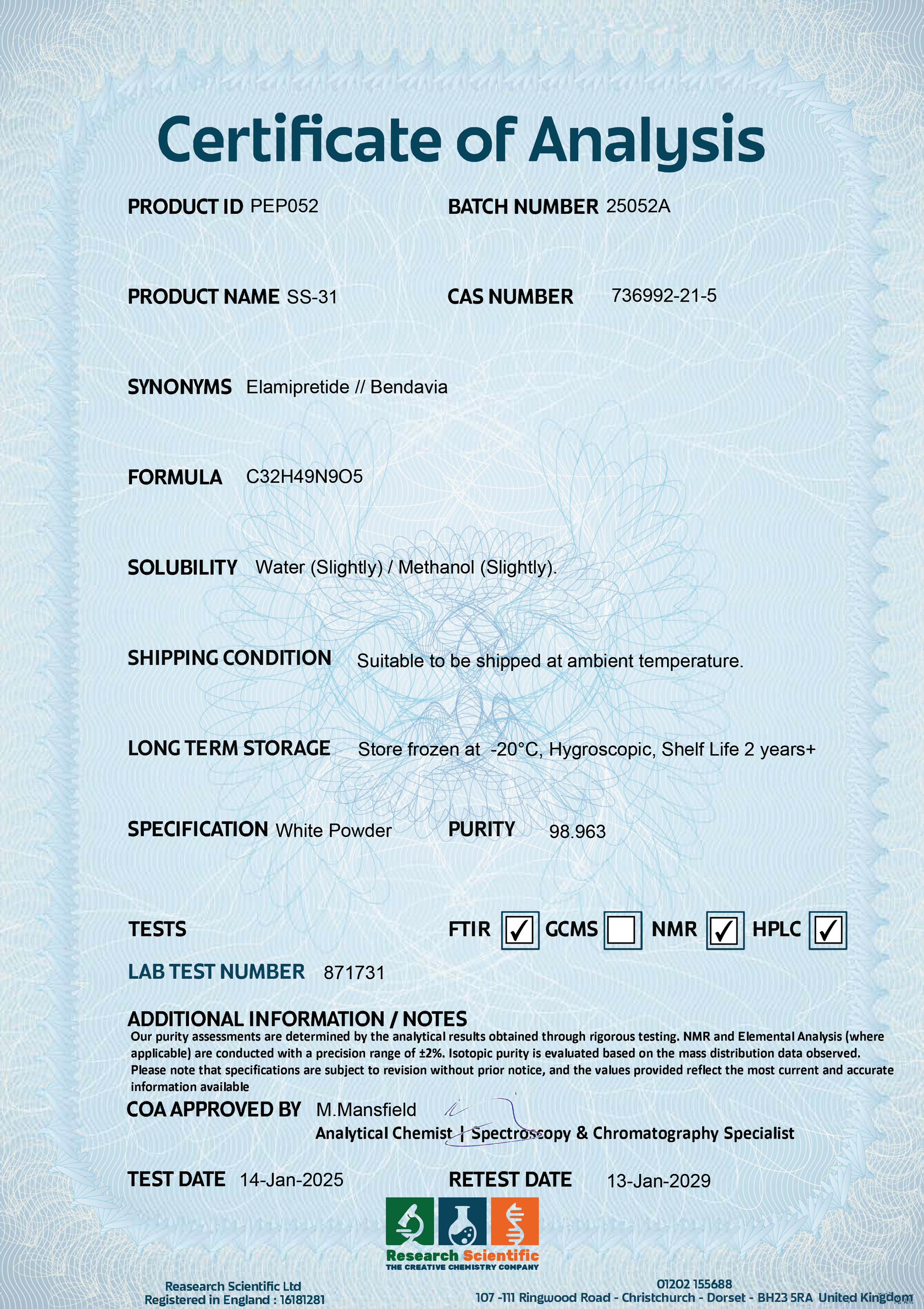 Certificate of Analysis for SS-31 research peptides with product specifications and storage information