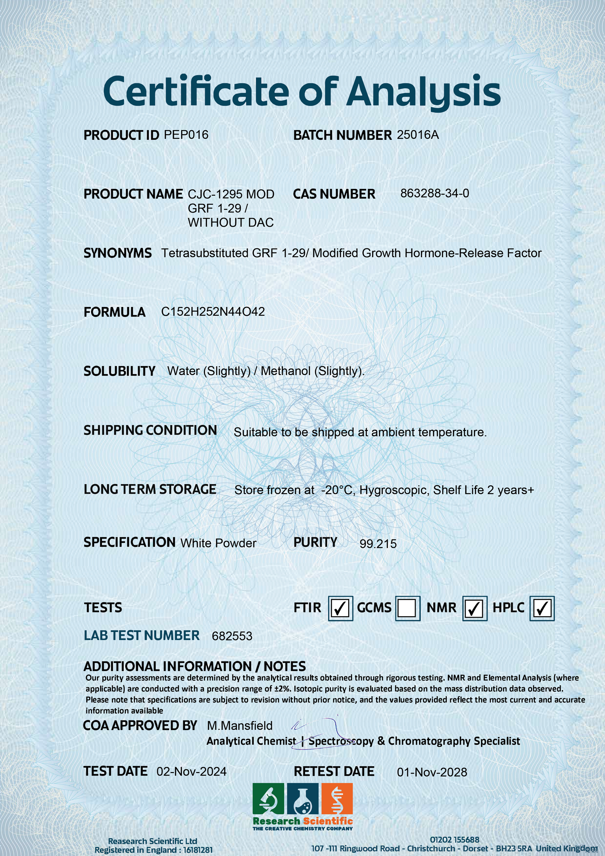 Certificate of Analysis for CJC-1295 peptide UK with details on product ID and testing methods