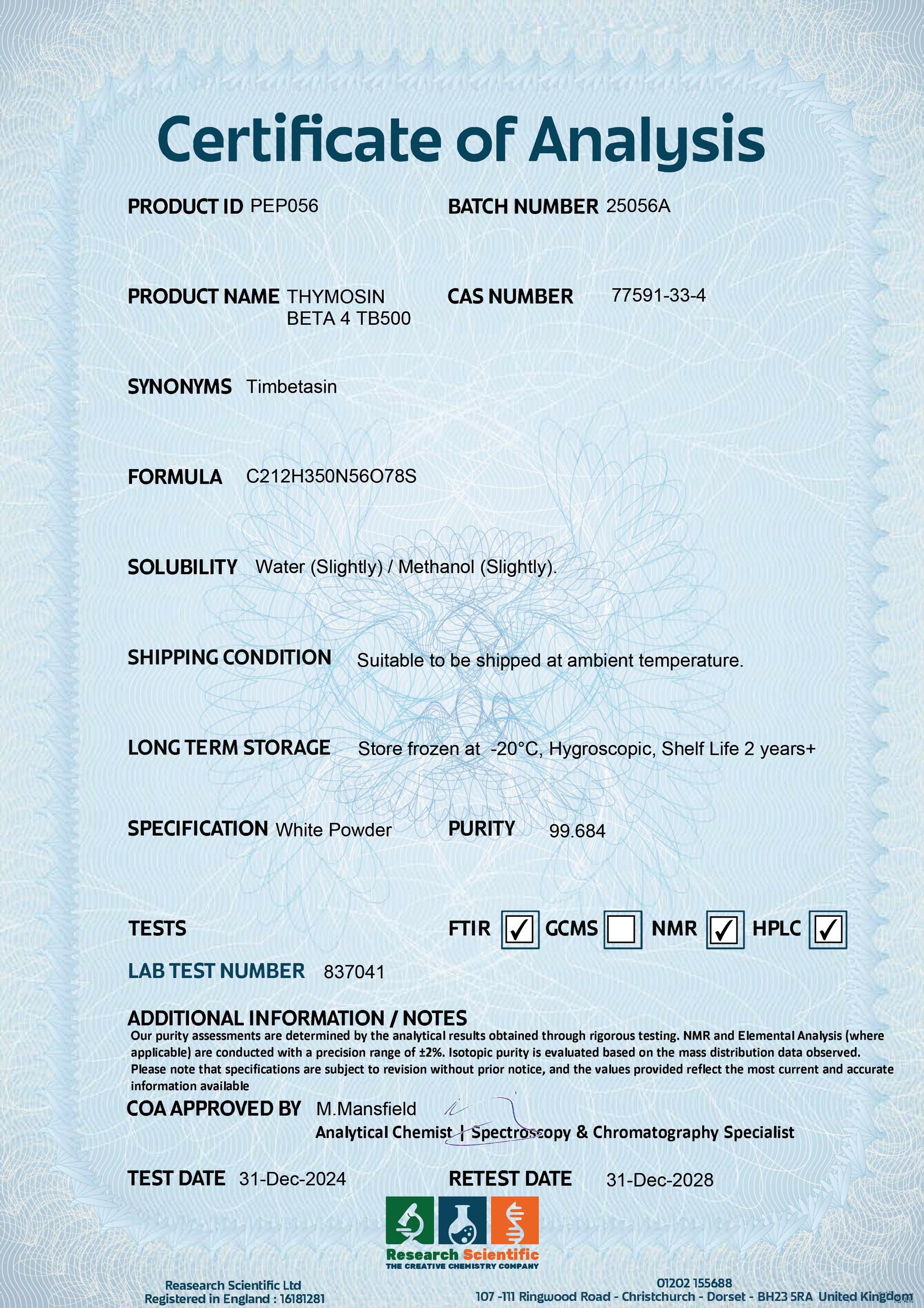 Certificate of Analysis for Thymosin Beta-4 peptide UK with product details and specifications