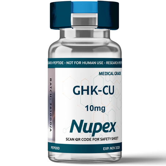 GHK-Cu peptide research Nupex vial containing 10mg of medical grade peptide for scientific study
