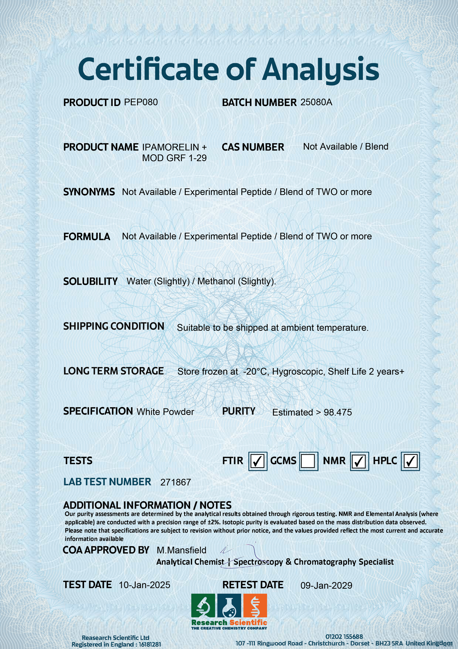Certificate of Analysis for Ipamorelin CJC-1295 blend outlining specifications and storage details
