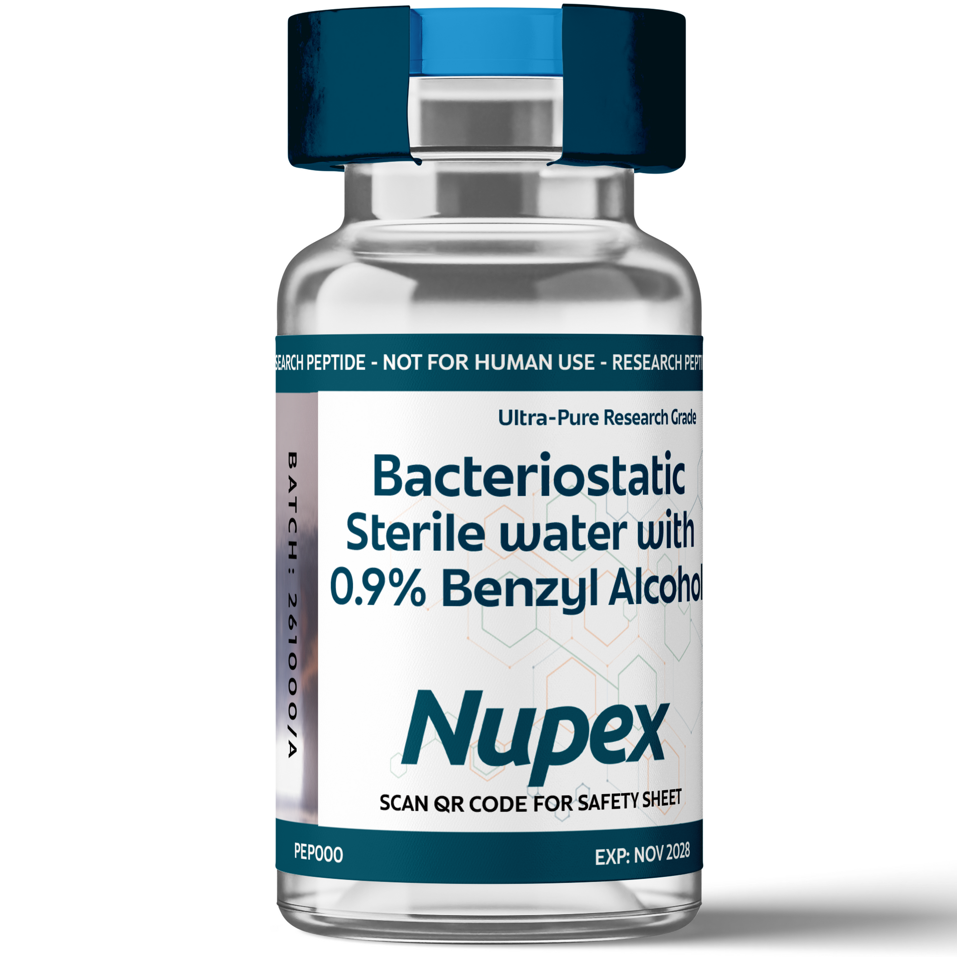 Bacteriostatic water for research in a clear vial with 0.9% benzyl alcohol for safety and sterility