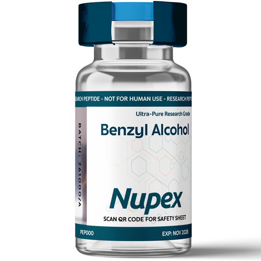 Nupex Benzyl Alcohol UK supply in a clear vial for research use with ultra-pure quality.