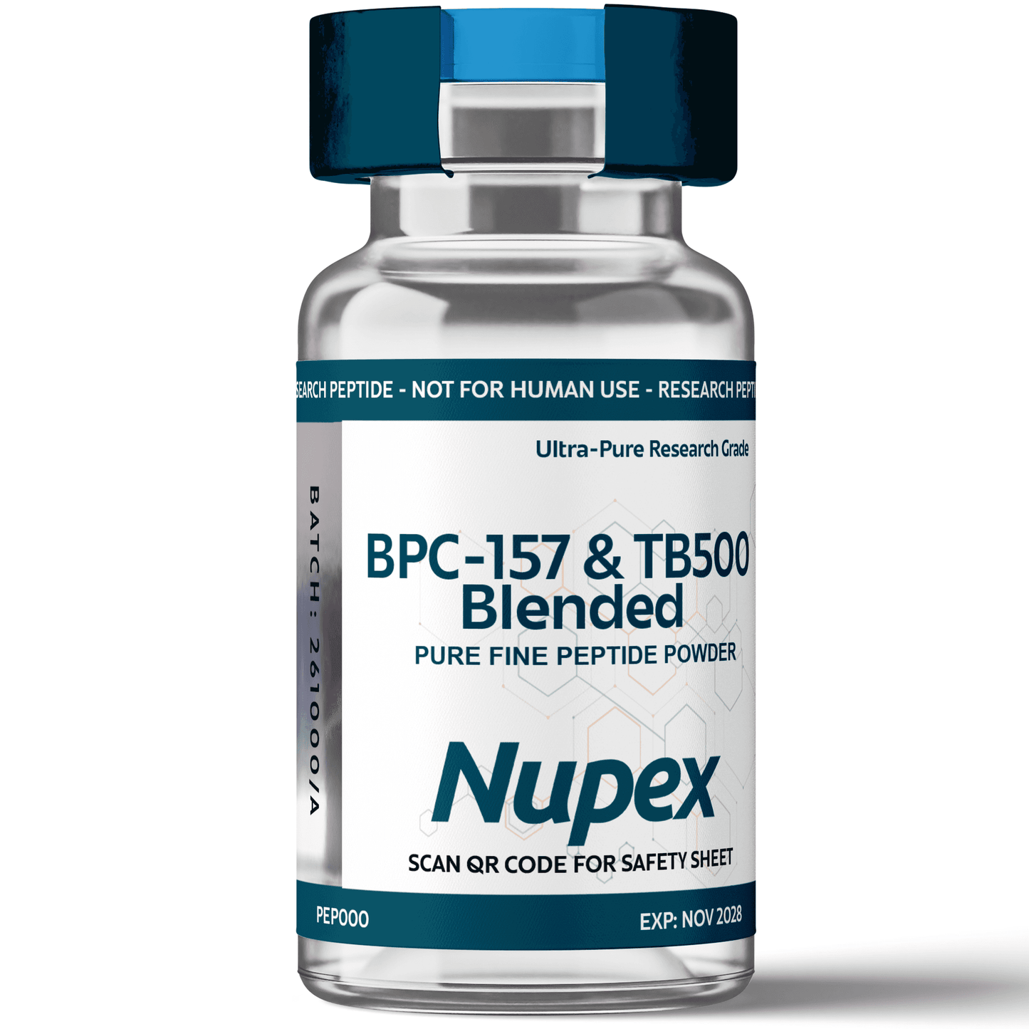 BPC-157 TB500 blend UK peptide powder in a clear vial with blue cap for research use only