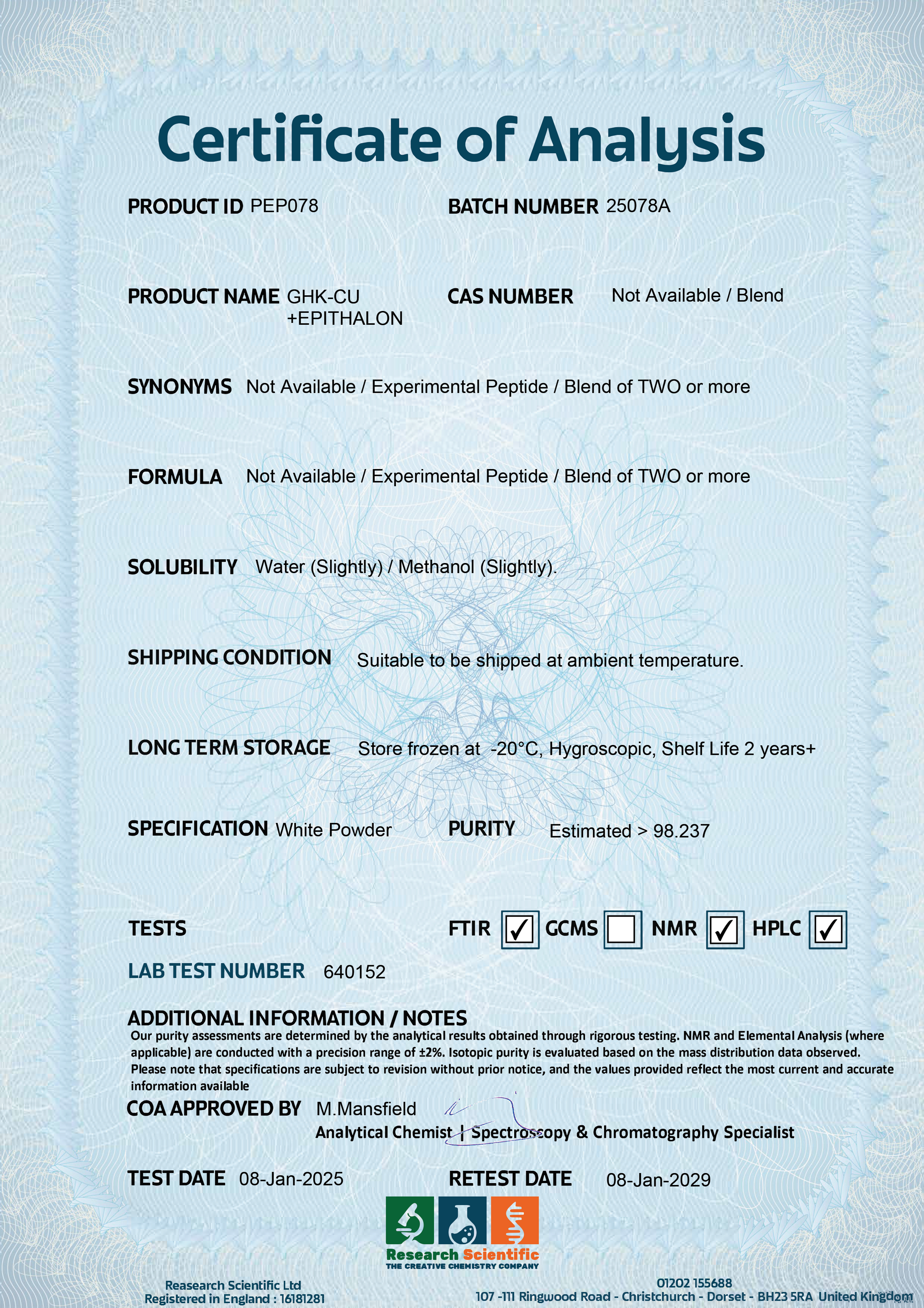 Certificate of Analysis for Bronchogen showing product details, testing methods, and storage instructions. Buy Bronchogen online.