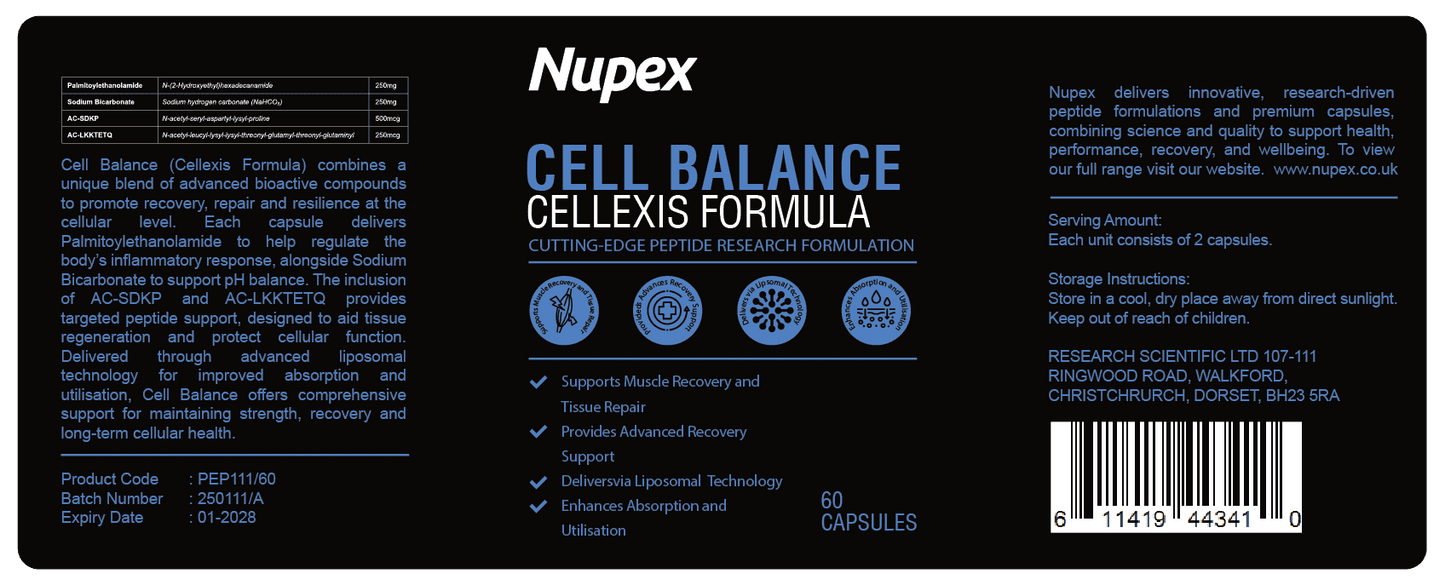 Nupex Cell Balance peptide capsules for muscle recovery and tissue repair in a 60-count bottle