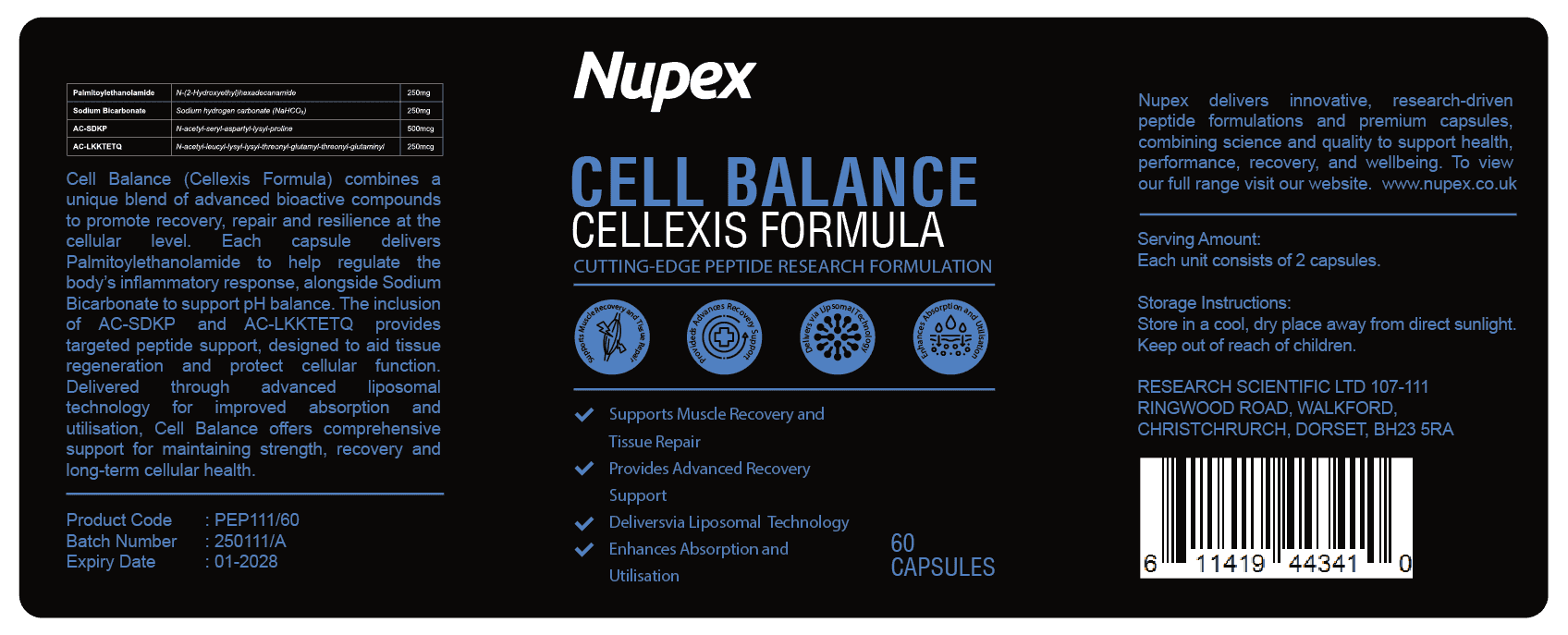 Nupex Cell Balance peptide capsules for muscle recovery and tissue repair in a 60-count bottle