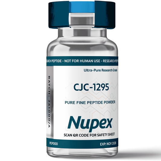 CJC-1295 research peptide UK in a clear vial labeled Nupex with safety information